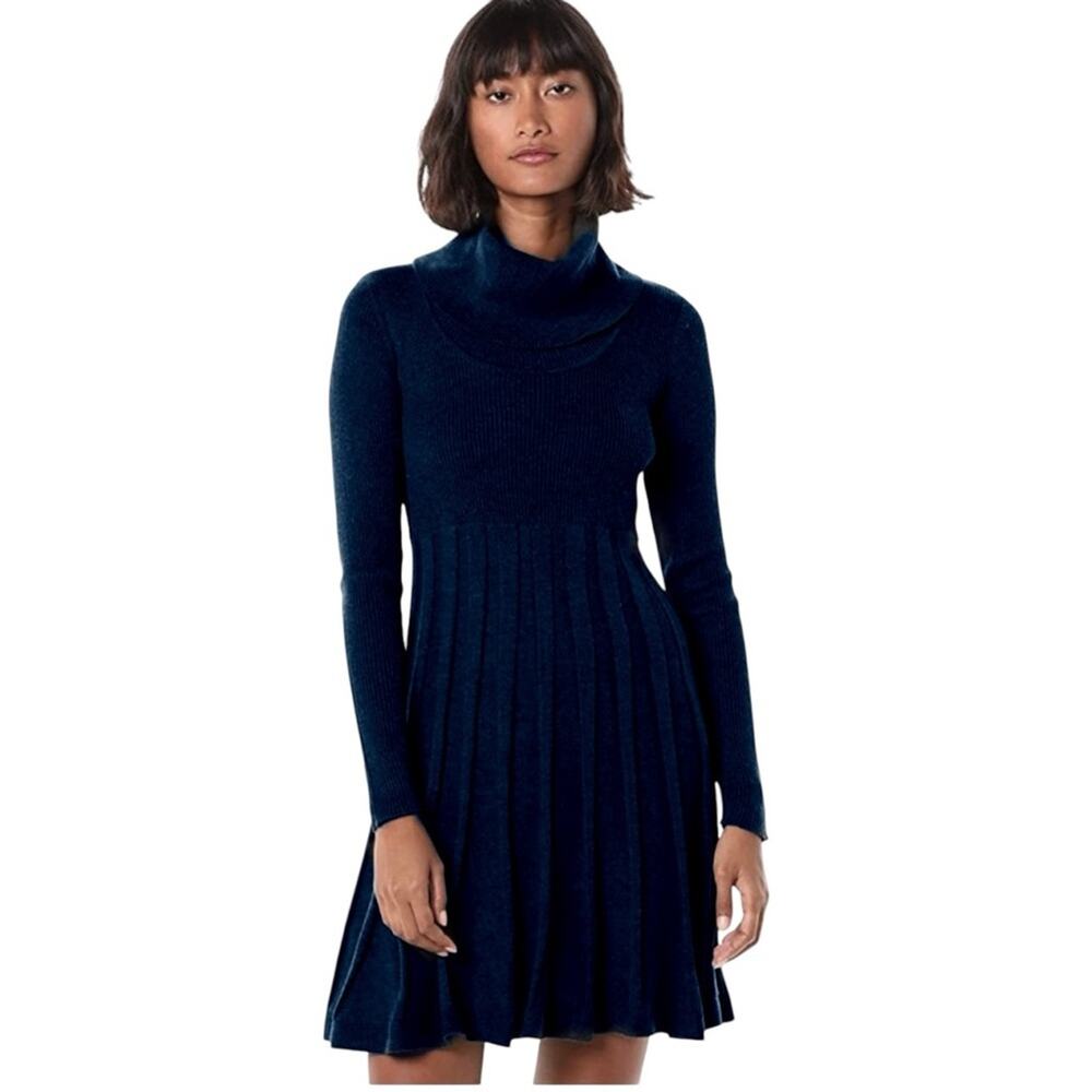 Ellen Tracy Womens Navy Blue Pleated Turtleneck Long Sleeve Dress Large